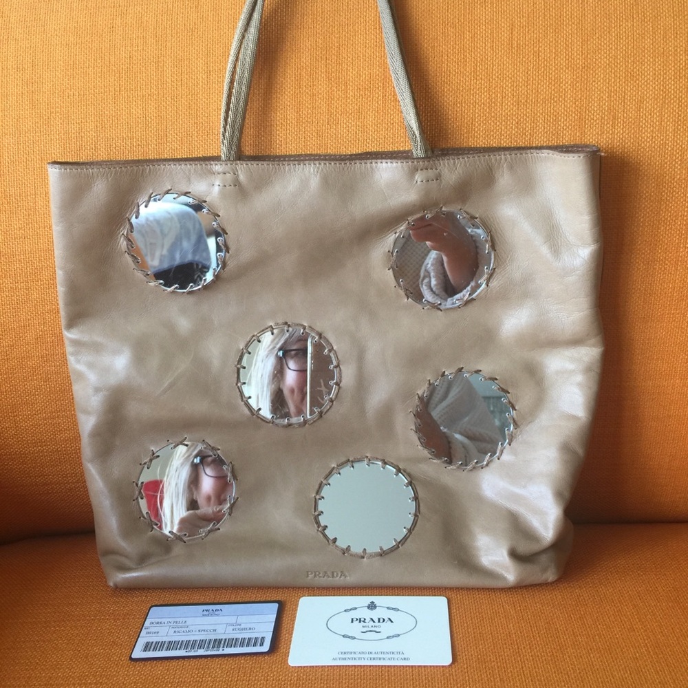 VINTAGE PRADA VERY RARE MIRROR BEIGE TOTE BAG - Picture 1 of 12